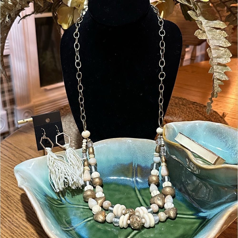 Ivory Long Statement Necklace & Matching Boho Earrings
